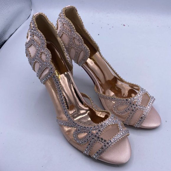 XYD Pink Peep Toe Half D'Orsay Mesh Crystal Studded High Heels Pump - Picture 5 of 12